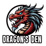 Dragon Den Logo Red and blue dragon with sharp teeth