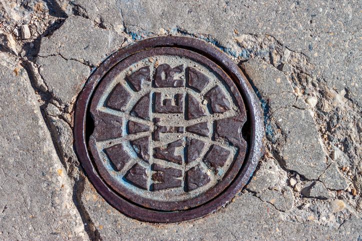 A manhole cover is sitting on a concrete surface.