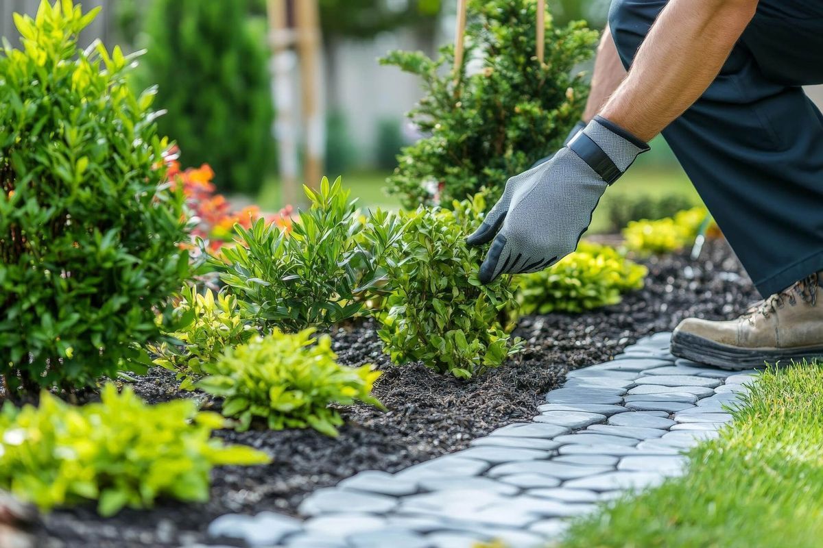 A man is kneeling down in a garden cutting a bush.
