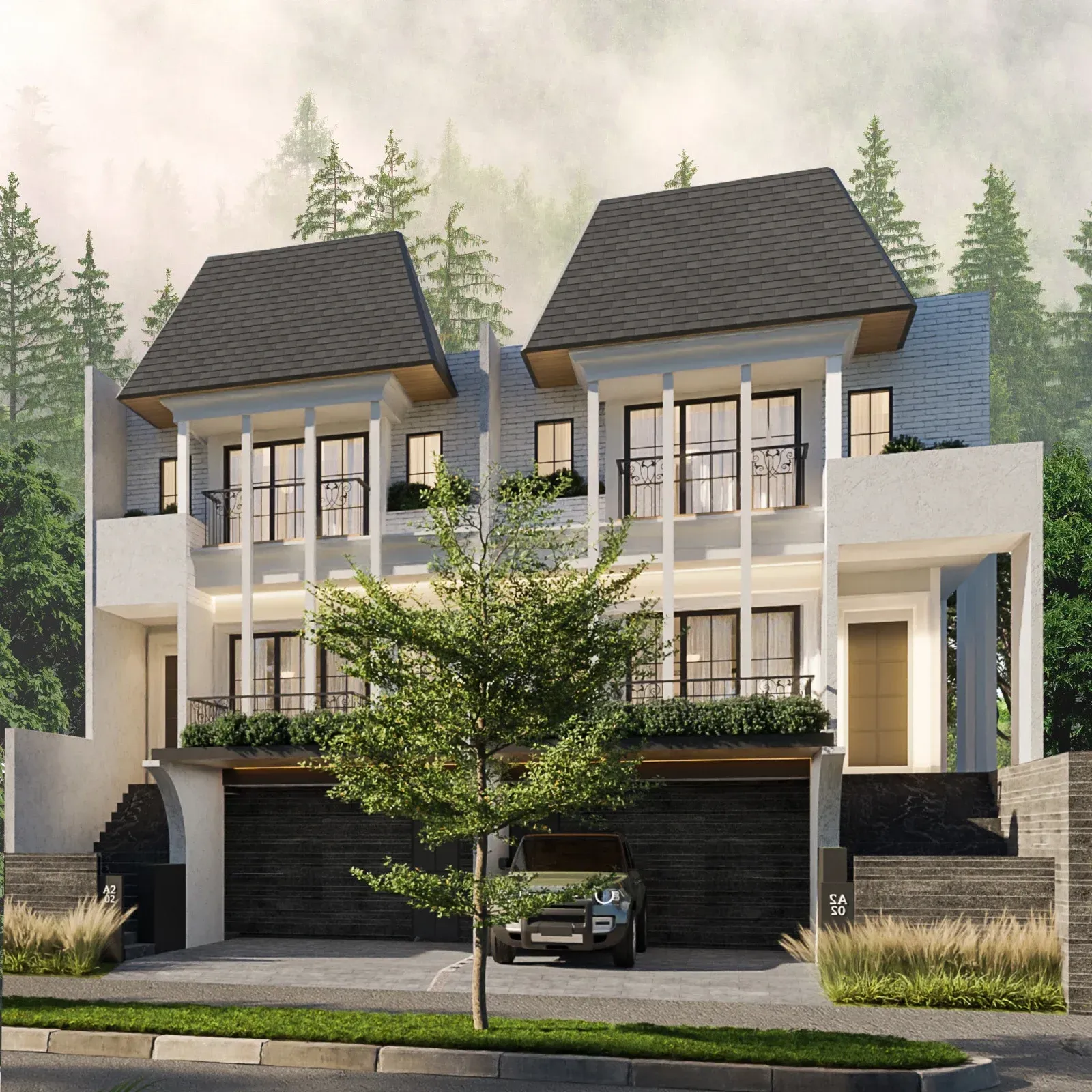 A house with a car parked in front of it