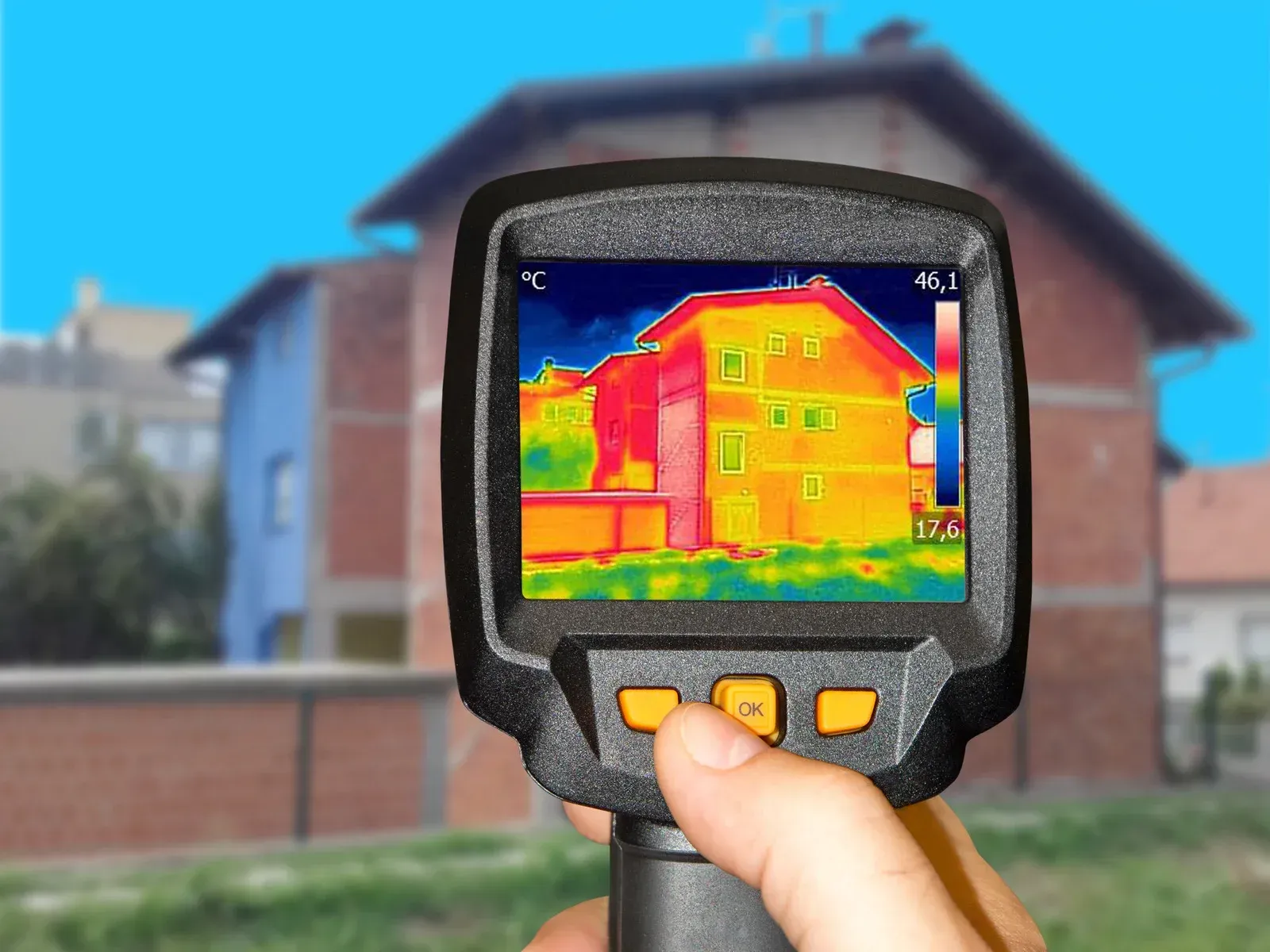 A person is holding a thermal camera in front of a house