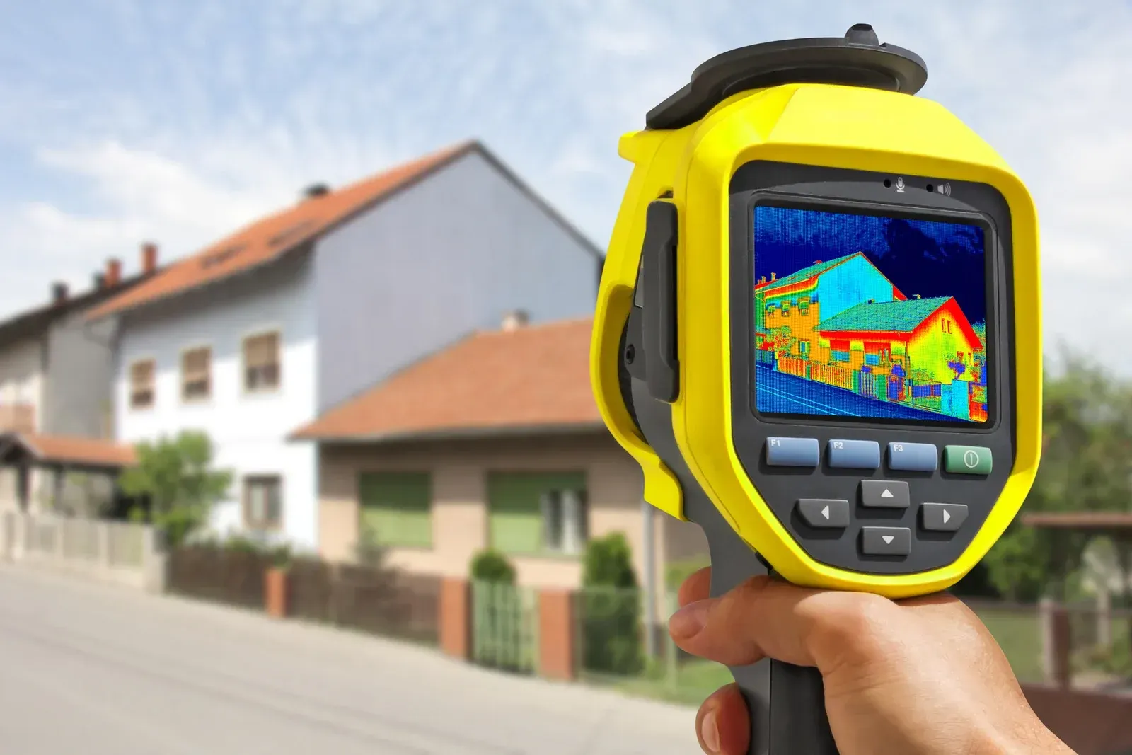 A person is holding a thermal camera in front of a house.