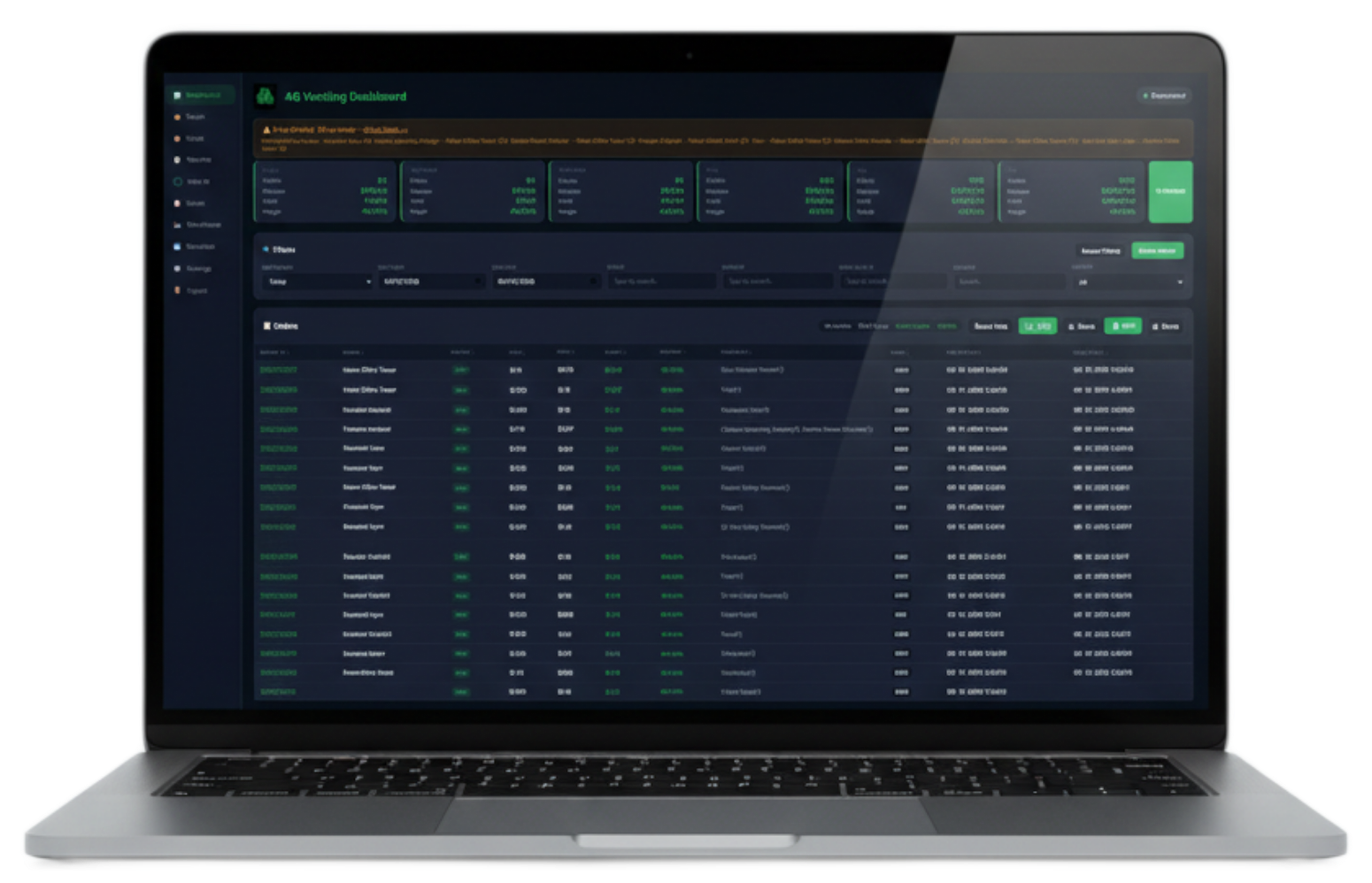 A silver laptop displaying a dark-mode business dashboard interface with data tables and navigation menus.