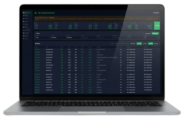 A silver laptop displaying a dark-mode business dashboard interface with data tables and navigation menus.