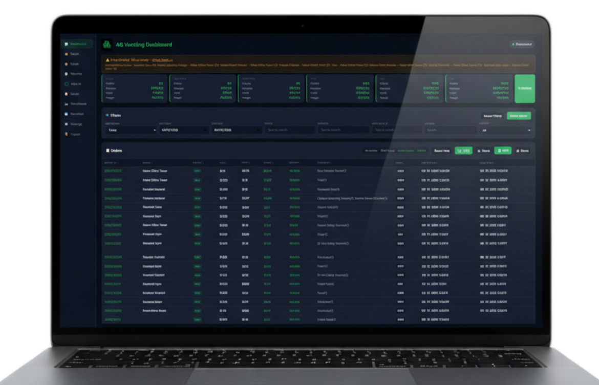 A laptop screen displaying a dark-themed financial or data analytics dashboard with tables, charts, and navigation menus.