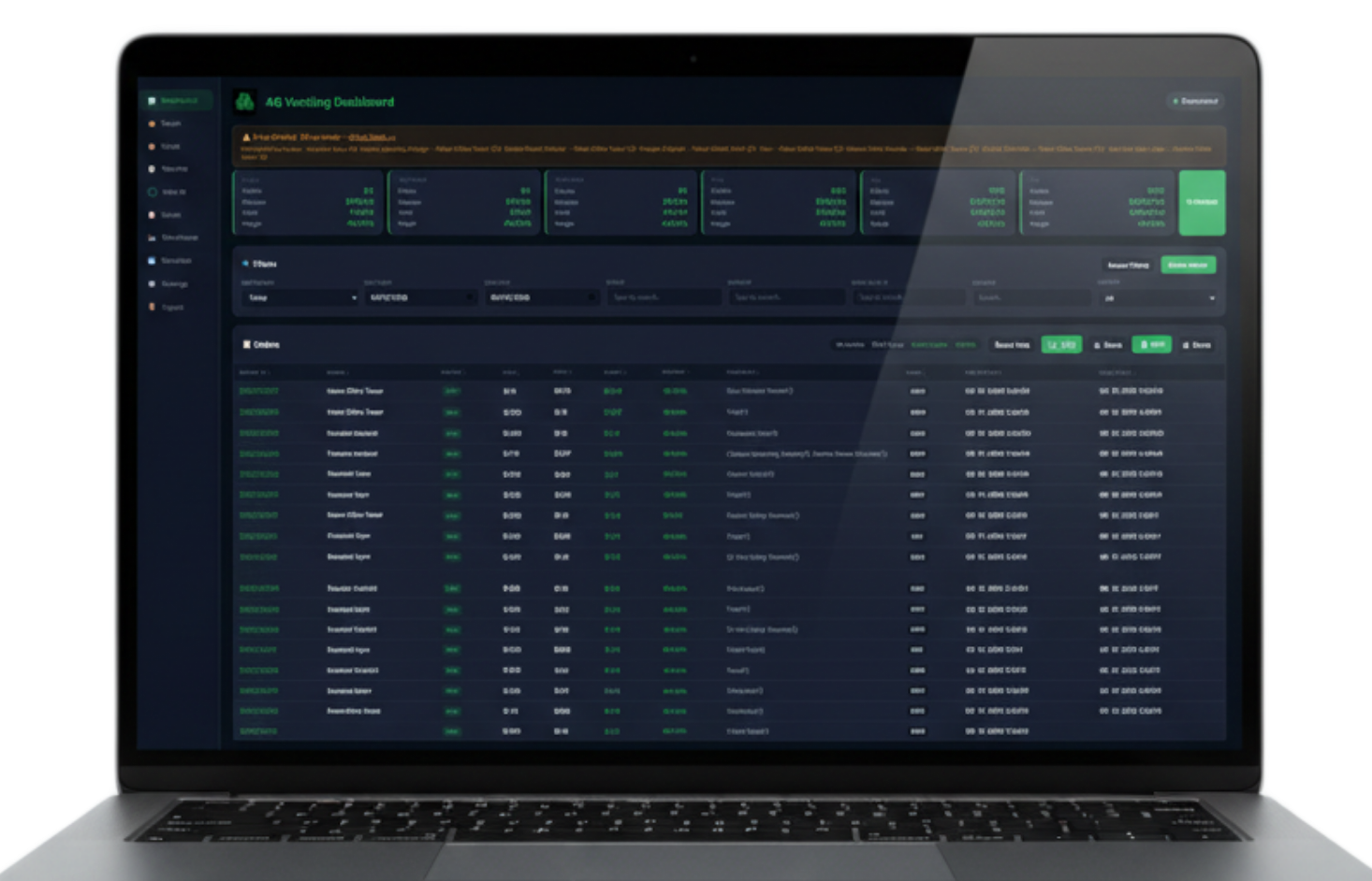 A laptop screen displaying a dark-themed financial or data analytics dashboard with tables, charts, and navigation menus.