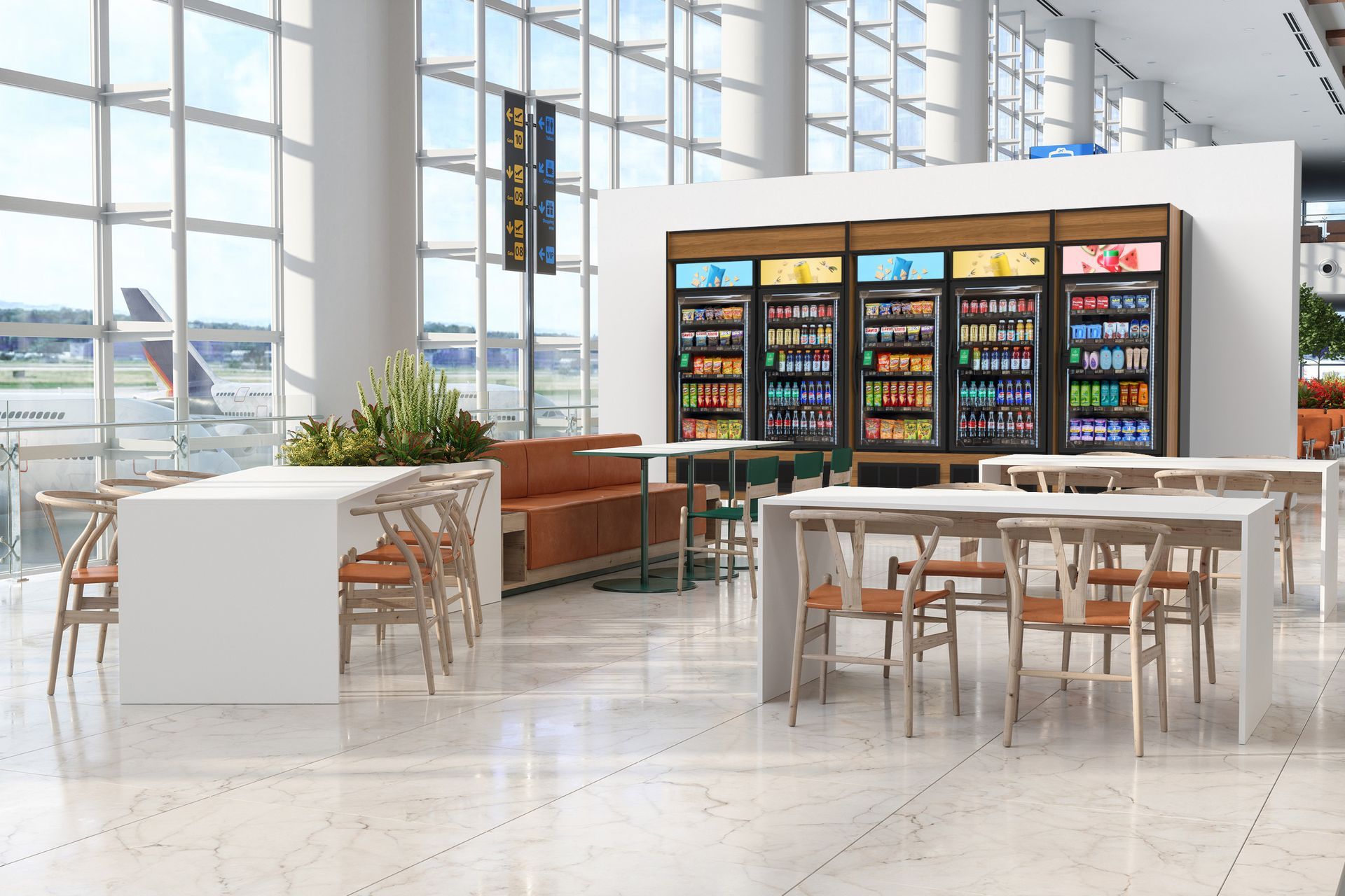 An airport gate area with white tables, wooden chairs, a seating bench, and a row of glass-fronted vending machines.