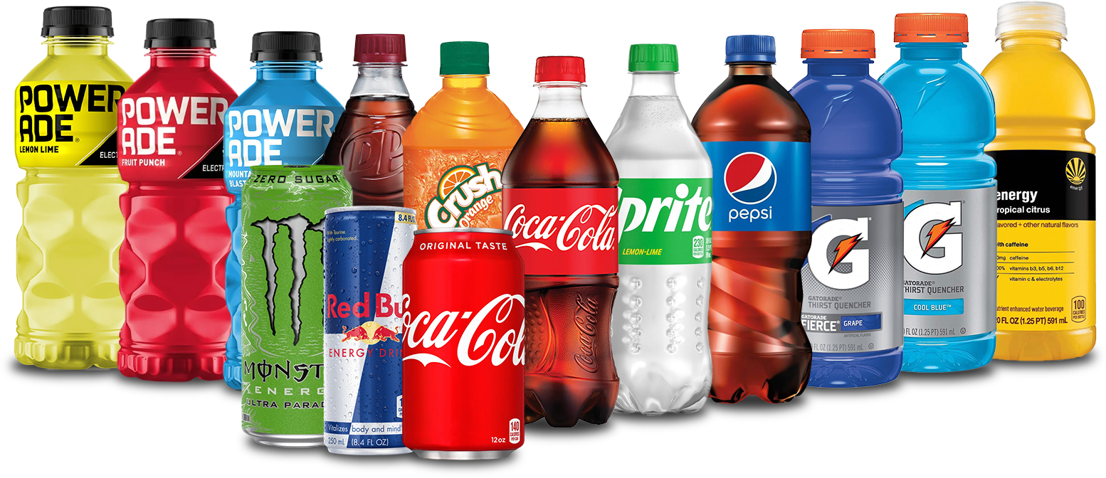 A variety of branded beverage bottles and cans, including Powerade, Monster, Red Bull, Coke, Sprite, Pepsi, and Gatorade.