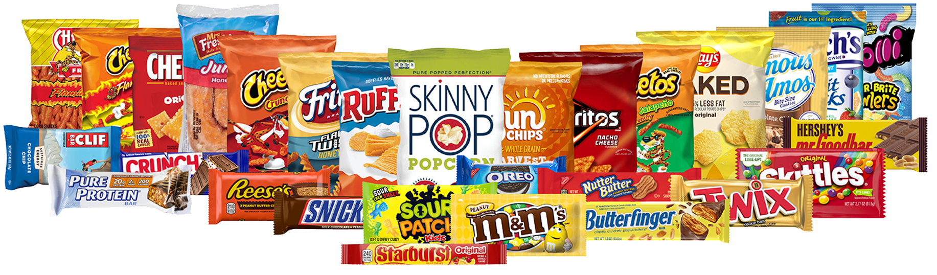 A wide selection of colorful snack bags and candy bars, including chips, popcorn, and chocolate, arranged in a group.