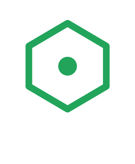 A green hexagon outline with a solid green circle centered inside.