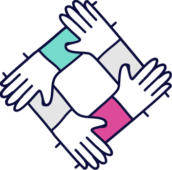 Four hands reaching toward center, forming a square with teal, gray, and pink blocks.