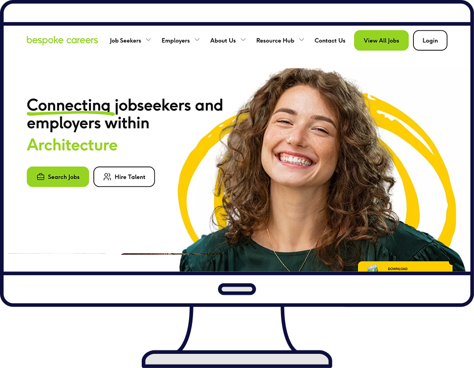 Website promoting architecture jobs, woman smiling, green and yellow accents.