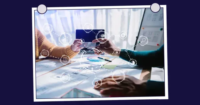 Two people exchanging a credit card over a desk, surrounded by business documents, digital overlay.