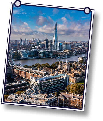 London cityscape with the Shard skyscraper and the River Thames.