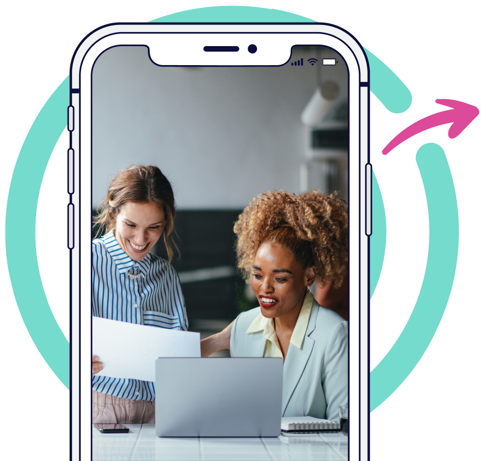 Two women smiling at a laptop, one holding paper. Light background, teal ring.