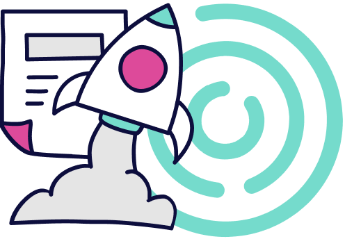 Rocket launching with a document and radiating circles, illustrating a project launch.