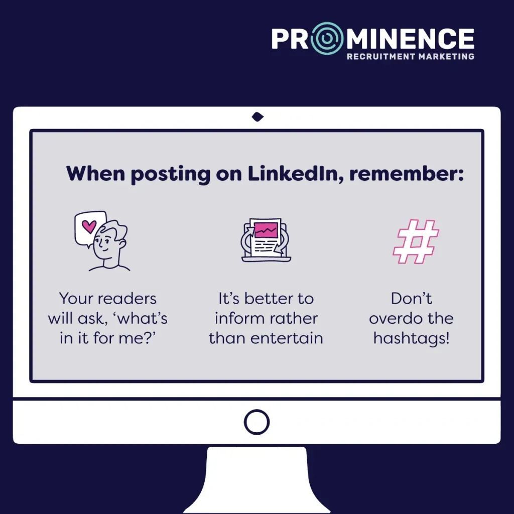 White computer screen with tips for LinkedIn posts: focus on readers, inform, use few hashtags.
