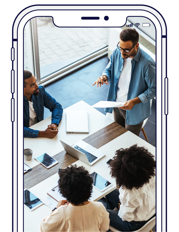 Yellow and blue game pieces on a yellow background, seen through a phone screen.