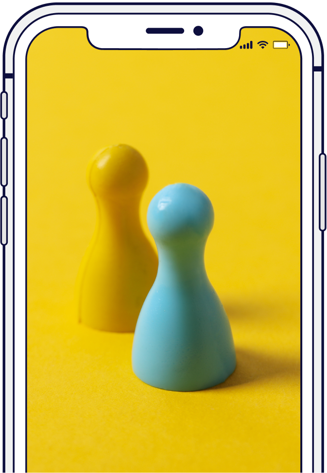 Yellow and blue game pieces on yellow background, viewed on a phone.