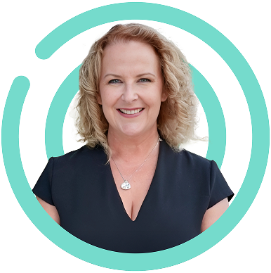 Woman with blonde hair smiling, wearing a black top, within a teal circle.