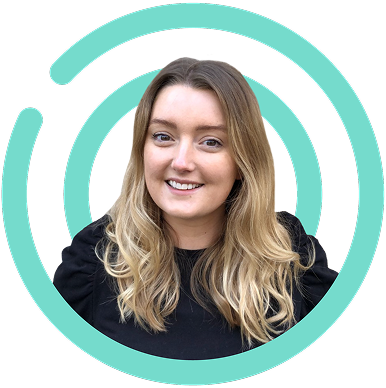 Woman with long blonde hair smiles, framed by teal concentric circles.