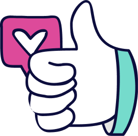 White hand giving a thumbs-up gesture, with a pink speech bubble containing a white heart.