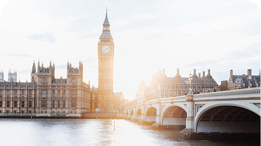 Big Ben and the Houses of Parliament in London, seen from across the River Thames at sunset.