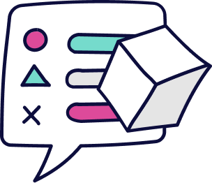 Speech bubble with list, a cube appears to be moving towards it.