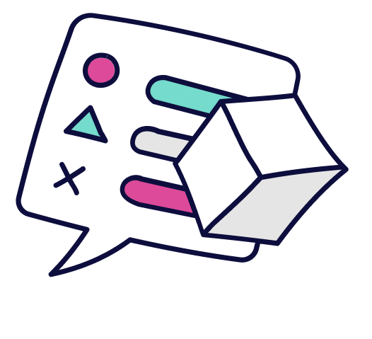 White speech bubble with geometric shapes and a 3D cube.