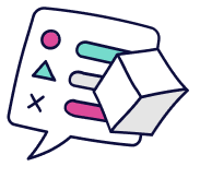 Speech bubble with shapes, lines, and a cube.