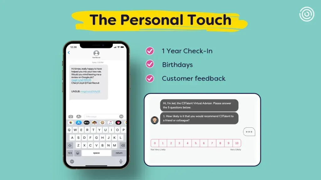 Smartphone displays a text message exchange: 1-year check-in, 60-day review, and customer feedback.