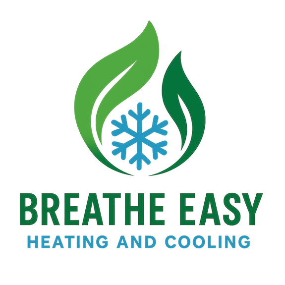 Logo for "Breathe Easy Heating and Cooling": Green leaves with a blue snowflake, text below.