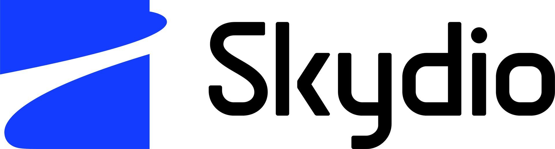 The skydio logo is blue and white with a white swirl.
