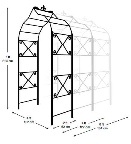 Black metal garden arch, 7 feet tall, with a gothic arch design - embellished.