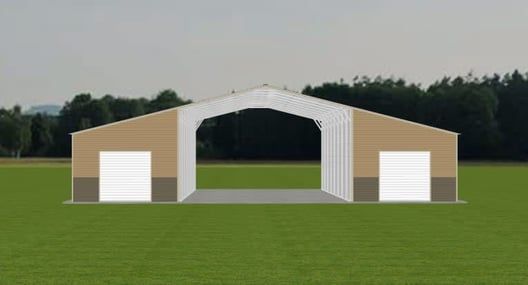 Building with two garage doors and an open center, on a grassy field.