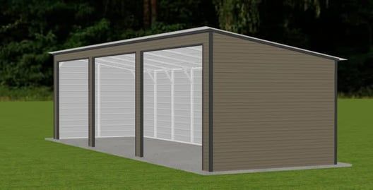 Brown metal carport with three bays, on a concrete pad, on green grass.