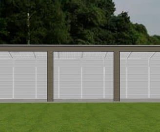 Brown-framed, open-air structure with vertical lines, set on green grass with trees in the background.