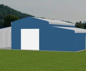 Blue metal building with white roll-up door, set on a green grassy field, with a backdrop of trees and a blue sky.