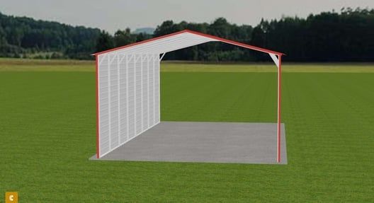 White and red metal carport on concrete slab in a grassy field.
