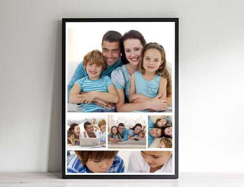 Photo collage image of smiling family in frame leaning against a wall.