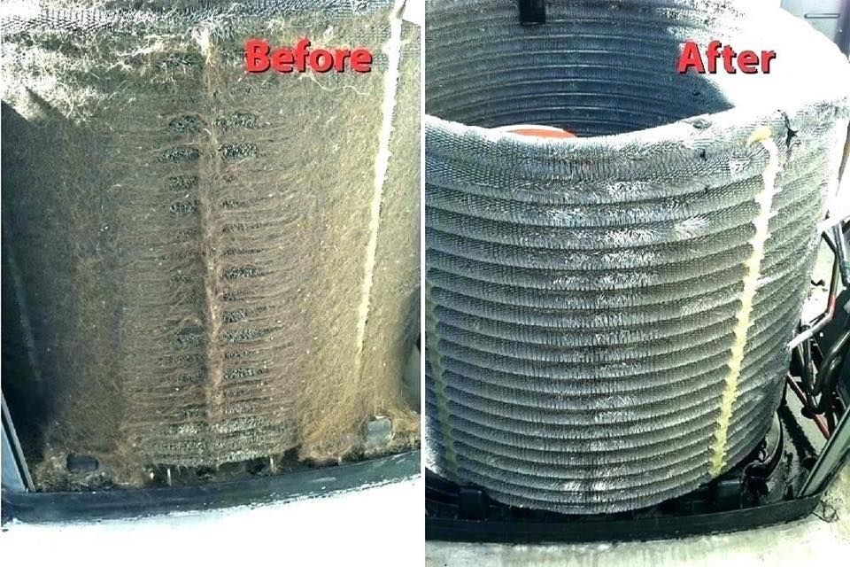 A before and after picture of an air conditioner coil.