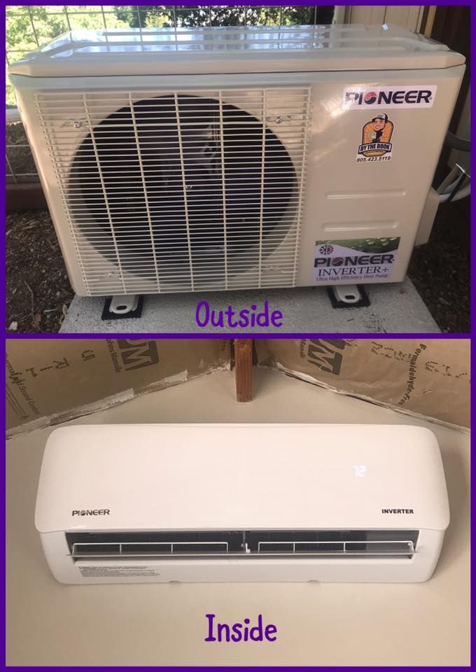 A picture of an air conditioner outside and inside.