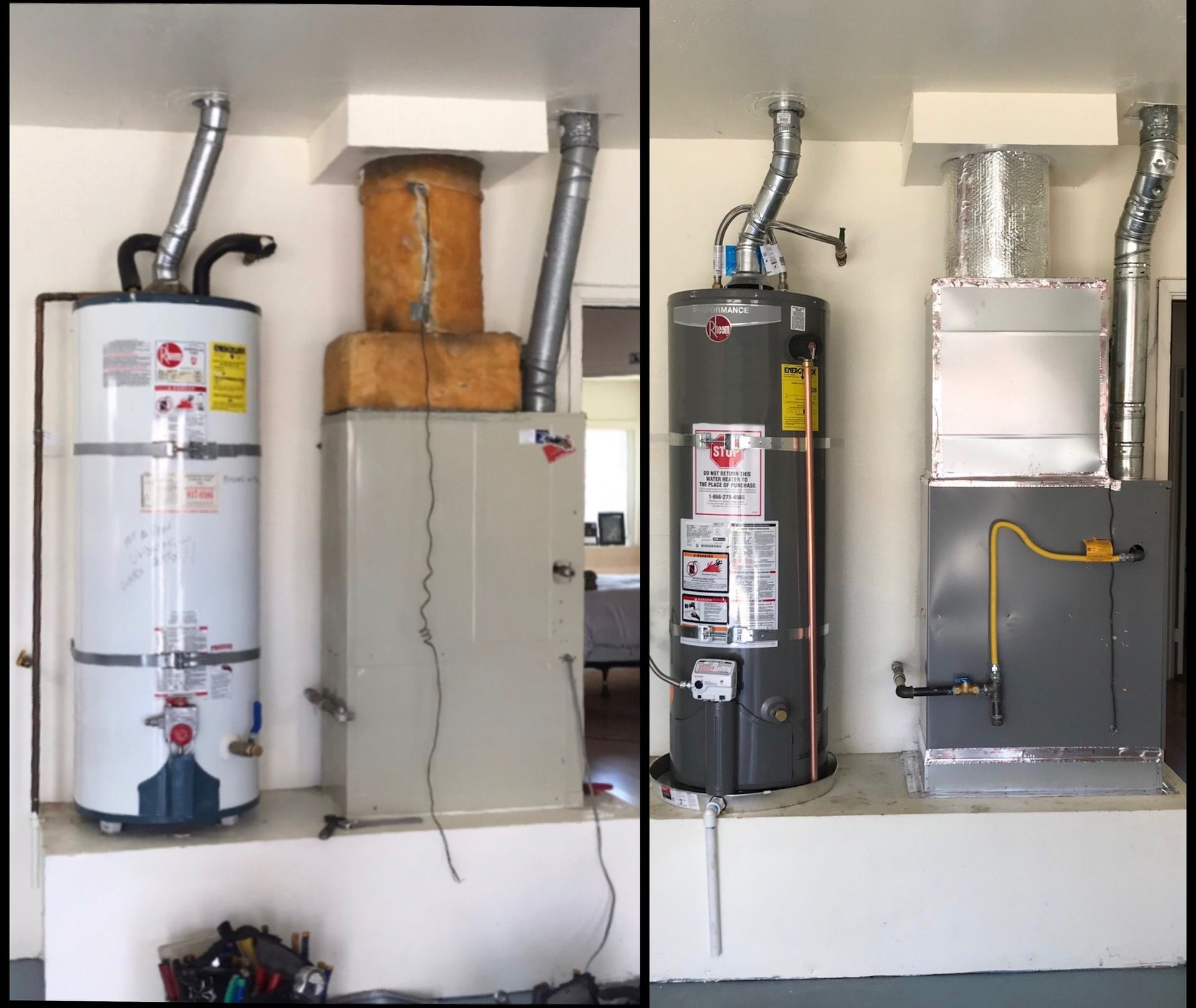 A before and after picture of a water heater in a garage