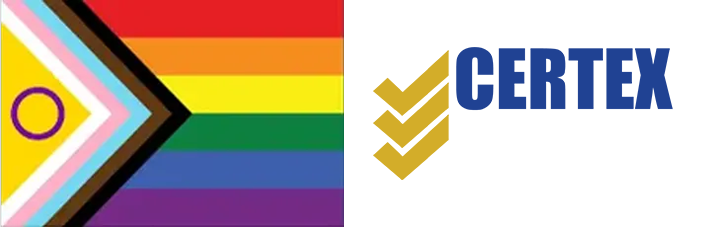 Intersex-inclusive Progress Pride flag: six rainbow stripes with a chevron of colors and a purple circle on a yellow field.