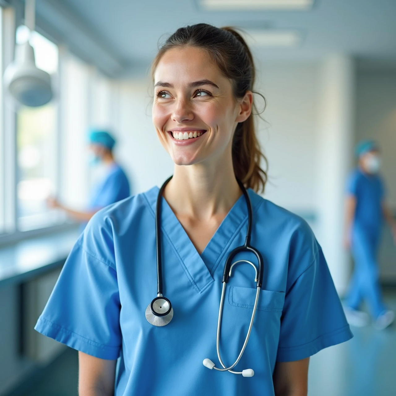 A smiling nurse with a stethoscope around her neck