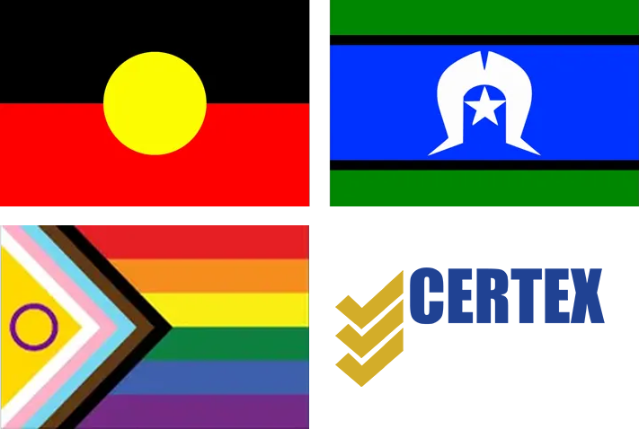The Aboriginal flag, the Torres Strait Islander flag, and the Progress Pride flag displayed side-by-side.