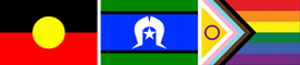 The Aboriginal flag, the Torres Strait Islander flag, and the Progress Pride flag displayed side-by-side.