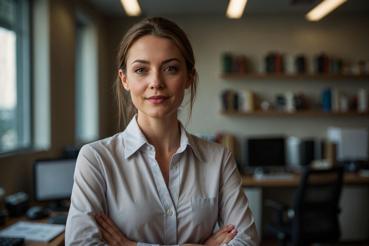 A woman is standing in an office with her arms crossed.