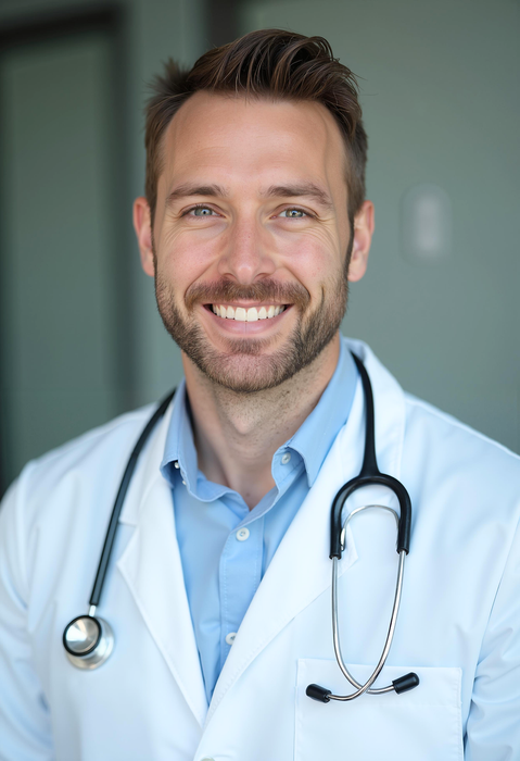 A smiling doctor with a stethoscope around his neck.