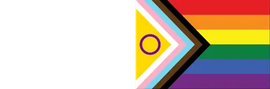 An Intersex-inclusive Progress Pride flag featuring a yellow triangle with a purple circle on a white background.